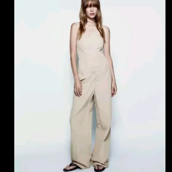 New Zara Caro Long Strapless Nylon Beige/Khaki Jumpsuit NWT Small - Picture 5 of 12